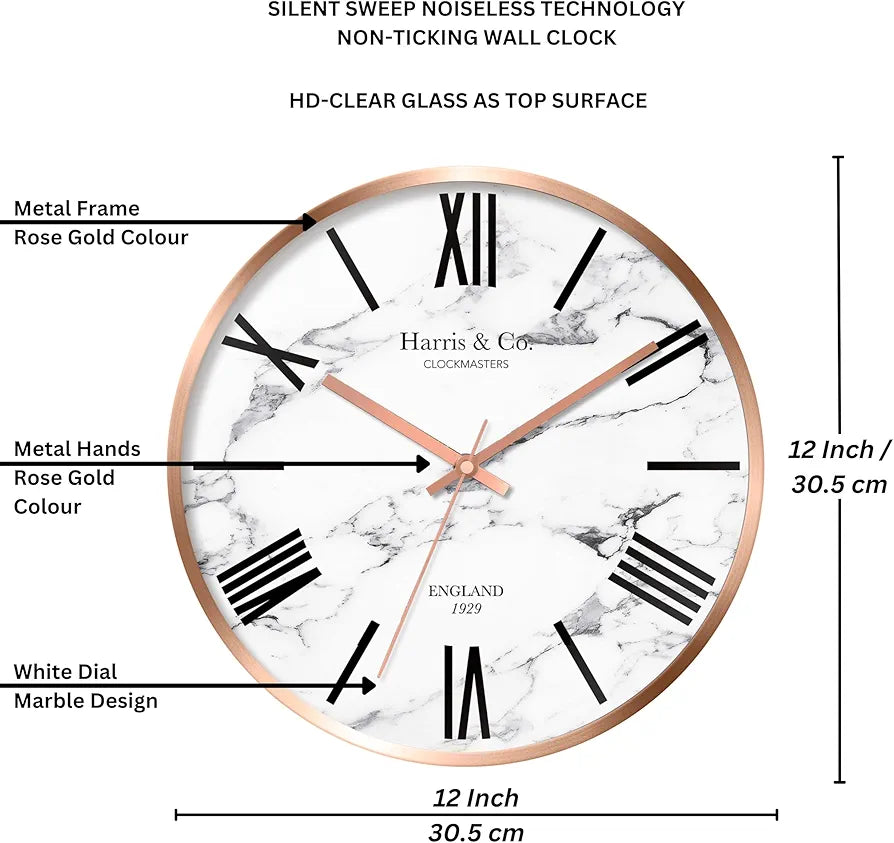 Harris & Co. Clockmasters Luxury Wall Clock Marble Design - 12 Inch  -Analog