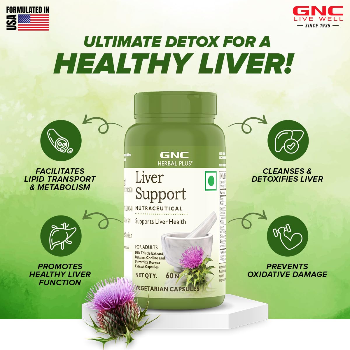 GNC Herbal Plus Liver Support With Milk Thistle & Picrorhiza | 60 Capsules | Cleanses Liver | Protects Liver Health | Facilitates Fat Metabolism | Provides Antioxidant Support | Formulated in USA