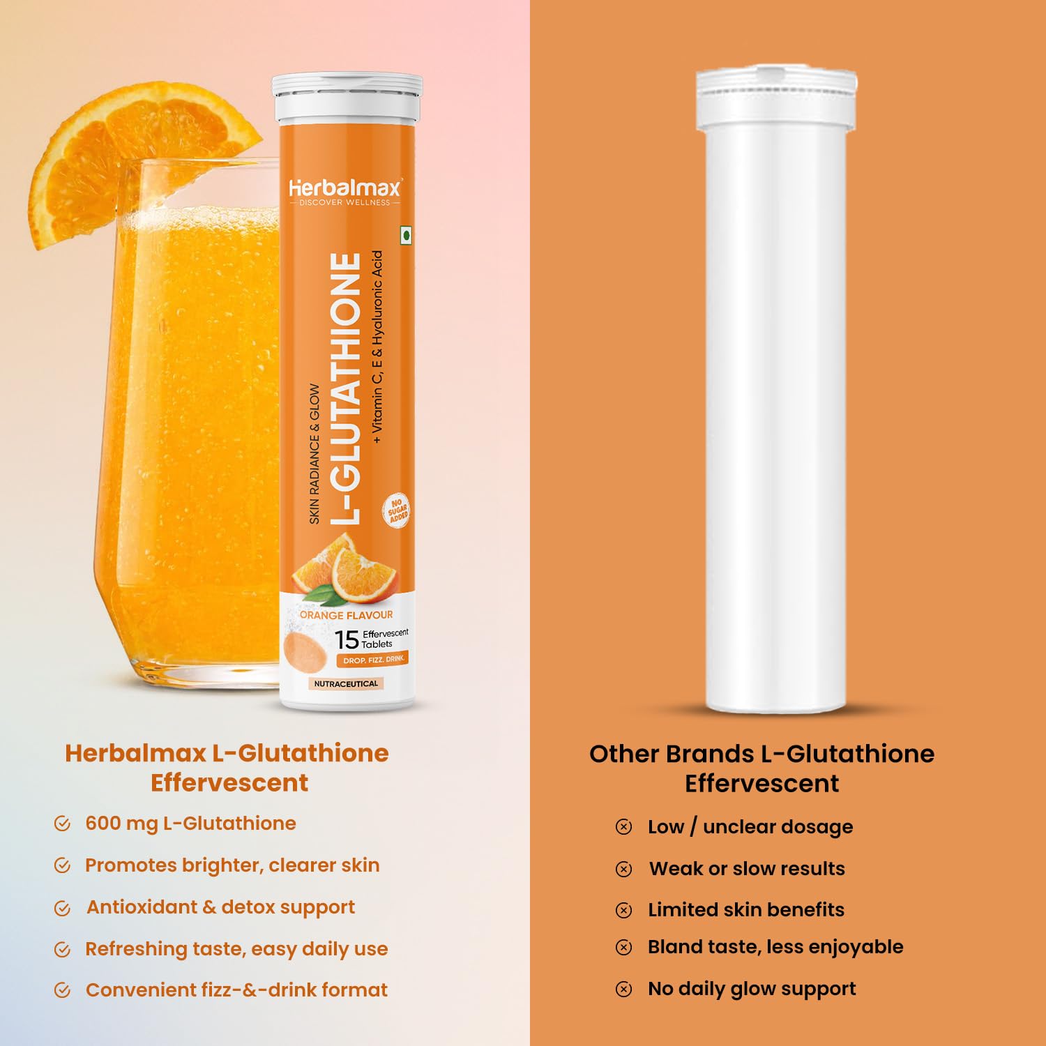 Herbal Max Glutathione Effervescent Tablets â€“ 15N Packed with Vitamin C, Hyaluronic Acid & Biotin to Support Healthy Hair, Skin & Nails for a Natural Glow & Boost Hydration (Pack of 1, Orange)