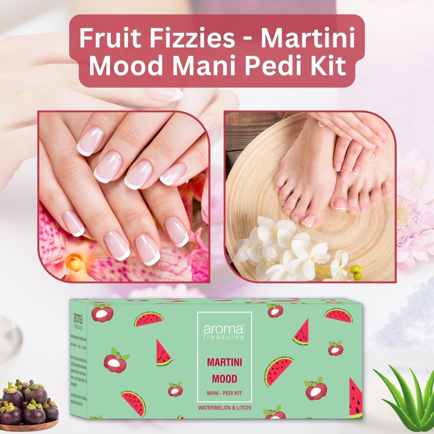 Aroma Treasures Martini Mood Mani-Pedi Kit | Watermelon & Litchi | Hydrating Spa Kit for Soft, Supple Hands & Feet | 6-Step Manicure Pedicure Kit with Bath Fizz, Scrub, Body Butter & Masque