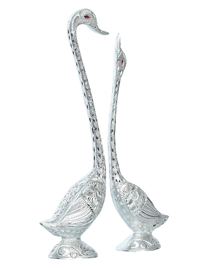 Ecraftindia Silver Metal Handcrafted Swan Couple Statues Love Birds Figurines Decorative Showpieces