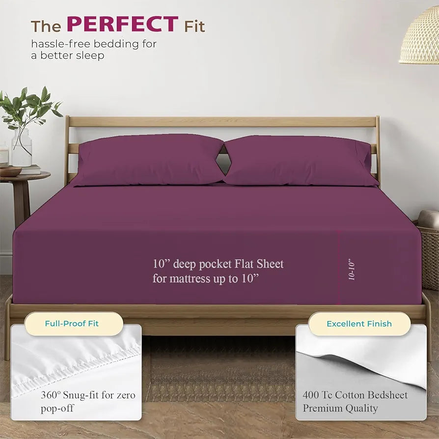 Trance Home Linen 100% Cotton 78x60 inch Queen Elastic Fitted Bedsheet 400TC Premium Queen Double Bed Size with 2 Pillow Covers Colour Plum