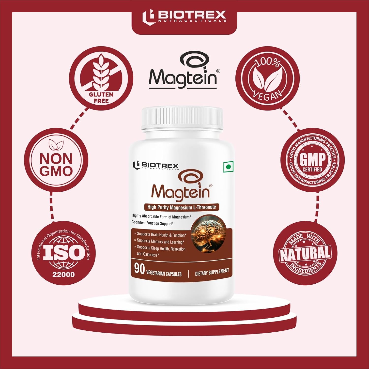Biotrex Nutraceuticals Magtein Magnesium L Threonate Supplement â€“ Supports Cognitive Function, Memory & Sleep â€“ Magnesium L-Threonate for Brain Health â€“ 90 Veg Capsules â€“ Highly Bioavailable Formula