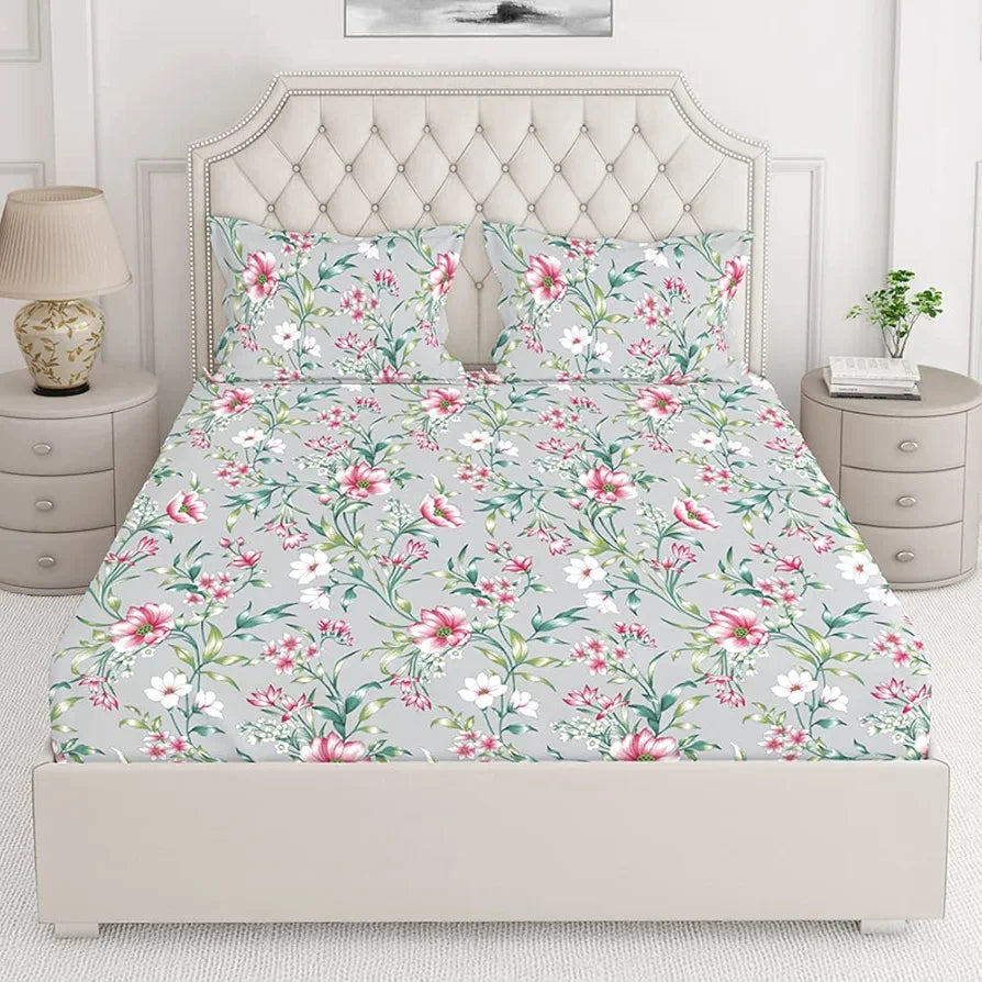 Layers Marigold Cotton Bedsheet Set for All Seasons Lightweight 144 TC King Size Grey/Pink