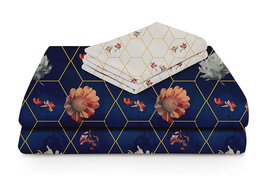 Fresh From Loom Floral Microfiber Cotton Bedsheet for Double Bed 240 TC Queen Size Soft Bed Sheet with 2 Pillow Cover Hexagon Royal Blue
