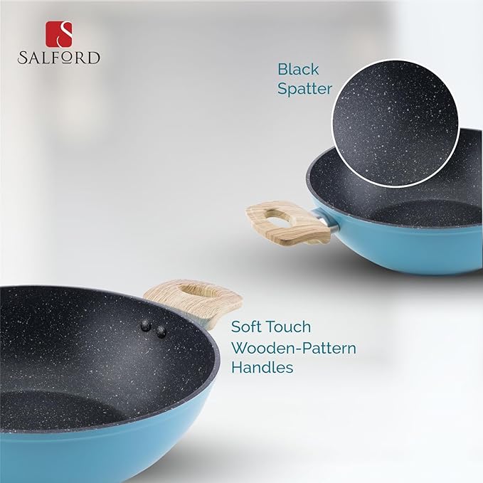 Salford by Ucook Forged Non-stick Kadhai + Glass Lid With Soft Touch Wooden Handle | Black Spatter Finish Dusty Blue | 260mm | 3.25 Litre