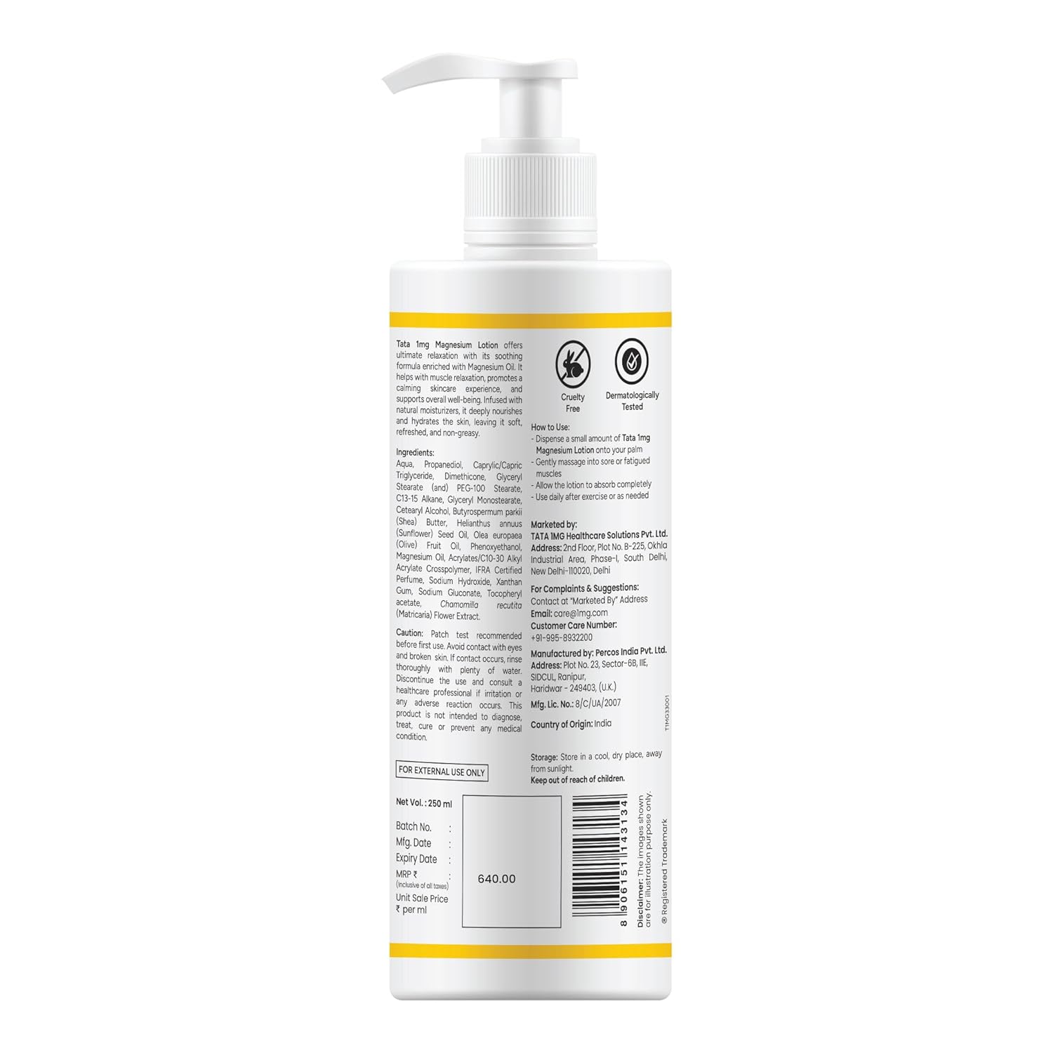 Tata 1mg Magnesium Body Lotion | Topical Body Lotion for Sleep, Muscle Relaxation & Recovery | Enriched with Chamomile, Shea Butter & Vitamin E | Dermatologically Tested | 250ml