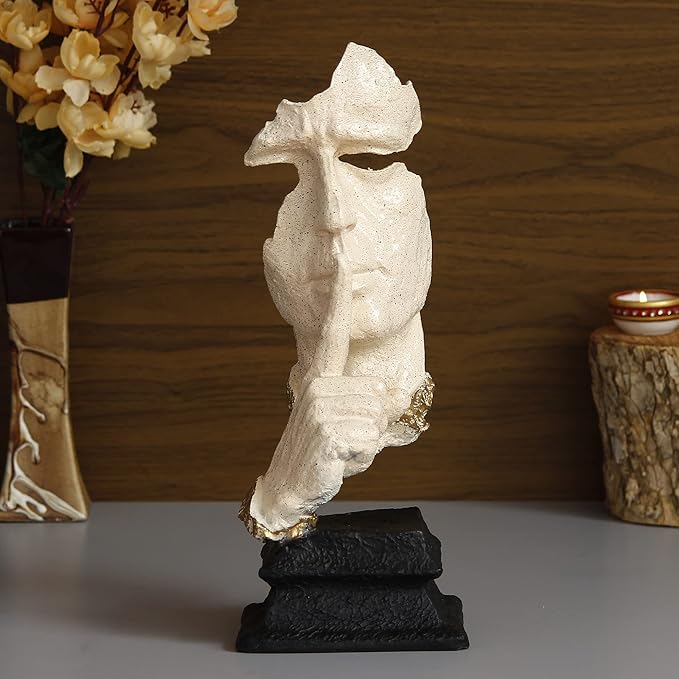 Ecraftindia White Antique Finish Finger on Man Lips Handcrafted Decorative Polyresin Showpiece