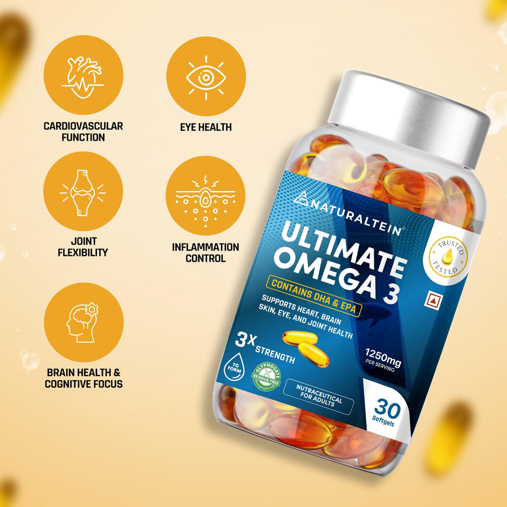 NATURALTEIN Omega-3 Fish Oil 1250mg Triple Strength Softgels | 450mg EPA & 300mg DHA in Triglyceride Form for Better Absorption | Heart, Brain, Eye & Joint Support | Glyphosate-Free | 30 Capsules