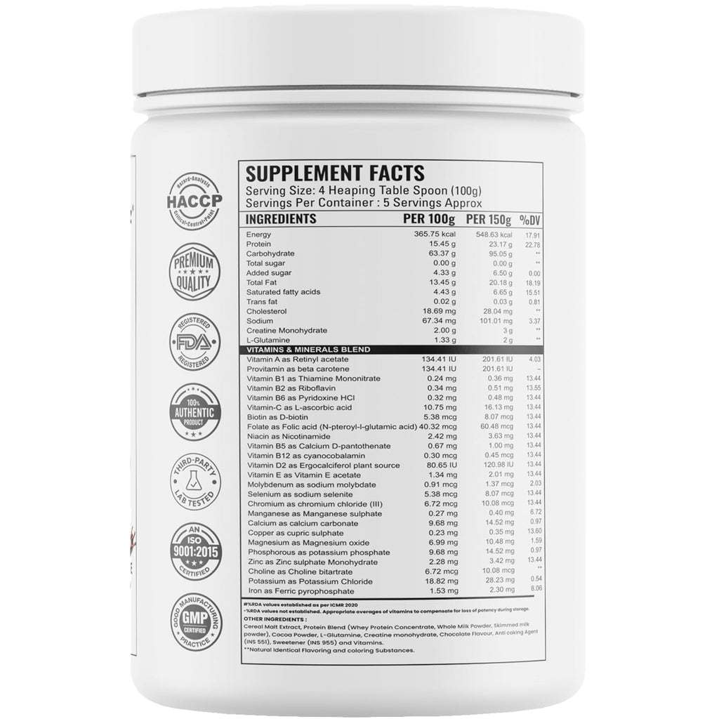 Growfitz All Natural Clean Beast Mass & Weight Gainer 500gram | 23g High Protein | Cereals Based | Support Muscle Growth | 95g Carbs & 3g Creatine | 666 Calories With Vitamins & Minerals | Chocolate Flavour