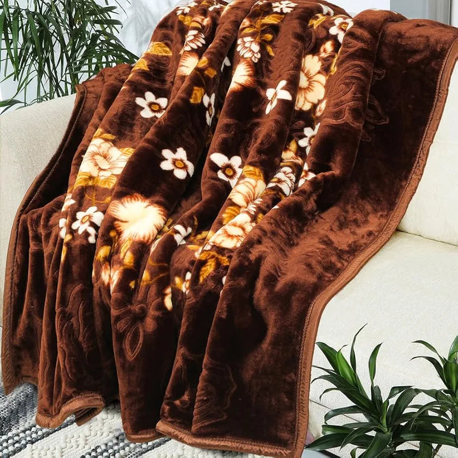 Homekart Super Soft Cloudy Printed Double Bed Blanket for Heavy Winter Single Ply Mink Blanket King Size TC 400 Dark Brown & Beige