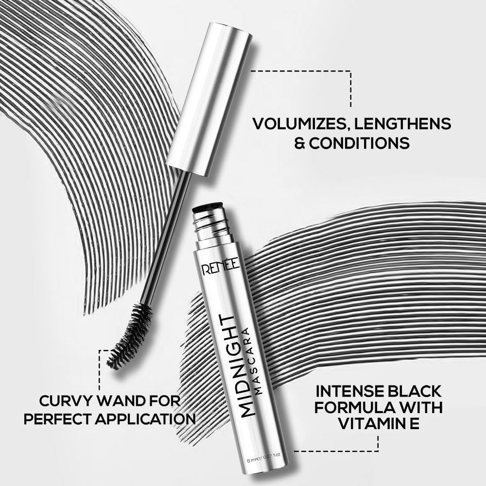 RENEE Midnight Mascara with Unique 360-Degree Wand | Darkest Black | Clump-Free | Long-Lasting Formula | Volumizes | Lengthens | Nourishes | Infused with Vitamin E | 8ml