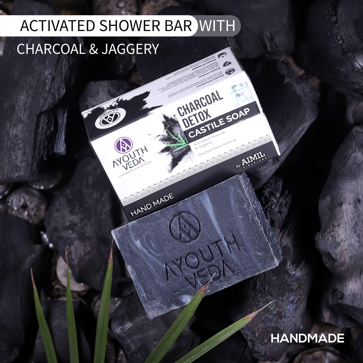 Ayouthveda Charcoal Detox Handmade Castile Soap | Charcoal, Jaggery & Five Nourishing Oils | Skin Brightening & Deep Cleansing Bath Soap for Men & Women | Helps Reduce Tanning | 110g (Pack of 1)