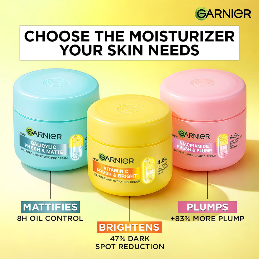 Garnier Fresh & Bright Vitamin C Sorbet Moisturizer, 4.5% Vit C + Hyaluronic Acid + Niacinamide + BHA, 9x Lighter Sorbet Cream, For Hydration & Dark Spot Reduction, Suitable for Oily to Normal & Combination Skin, 45g