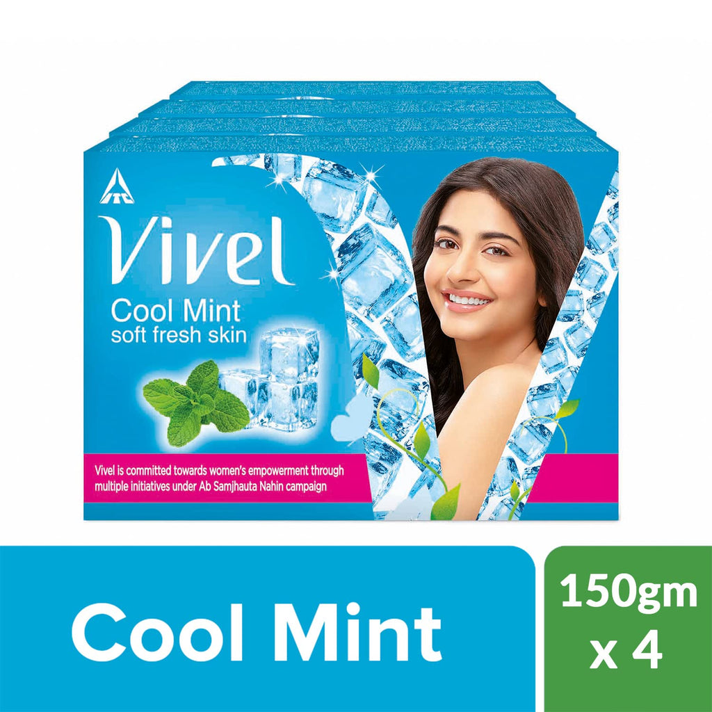 Vivel Cool Mint, Soft Fresh Skin Soap, 600g (150g - Pack of 4), Soap for Women & Men for Soft, Glowing & Moisurised Skin, All Skin Types