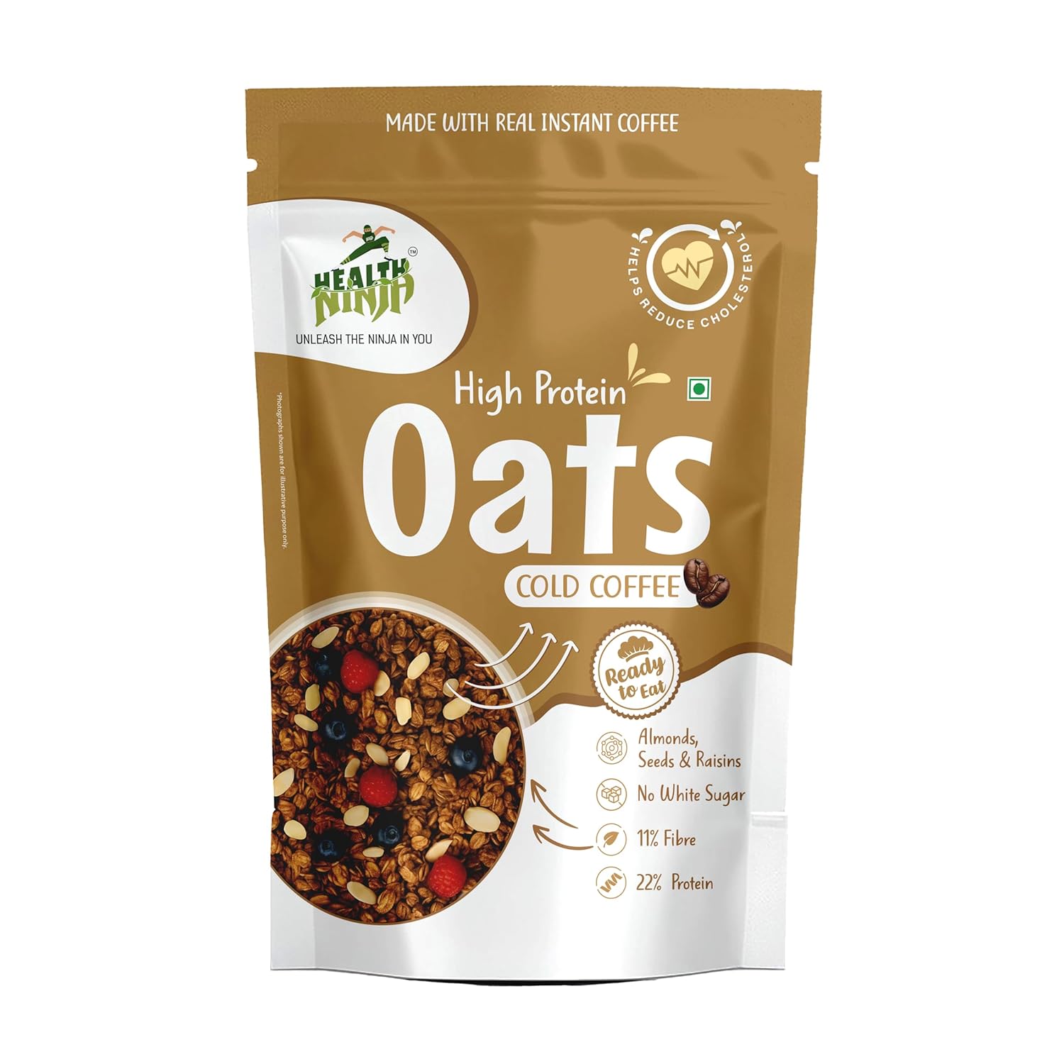 Health Ninja High Protein Cold Coffee Oats | Cold Coffee Oats | 22% Protein, 11% Fibre | No White Sugar | Healthy Breakfast Oats