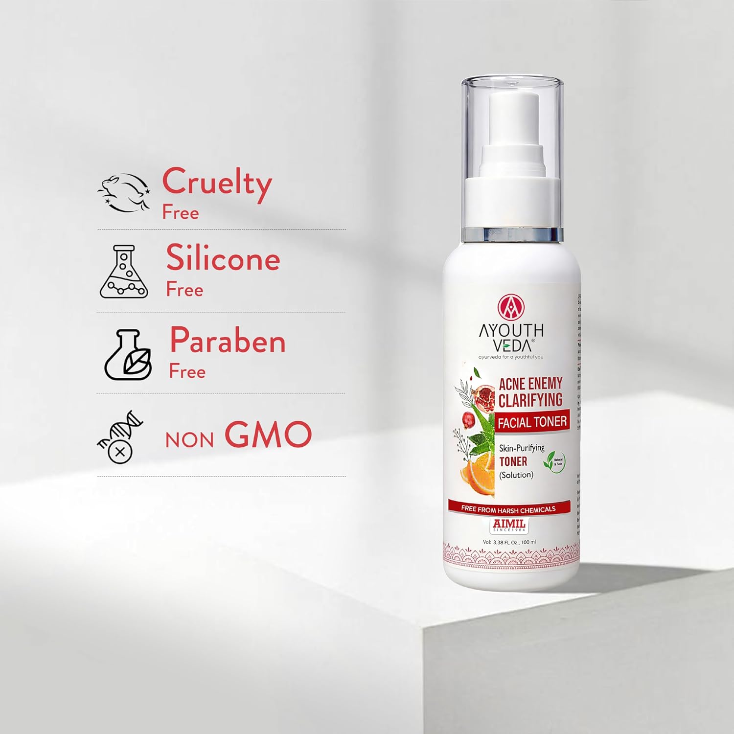Ayouthveda Acne Enemy Clarifying Facial Toner | Pomegranate, Amla, Aloe Vera & Rose Distillate | Acne & Oil Control | Pore Refining, Antibacterial & Hydrating | Dermatologically Tested | Oily & Acne-Prone Skin | 100ml (Pack of 1)