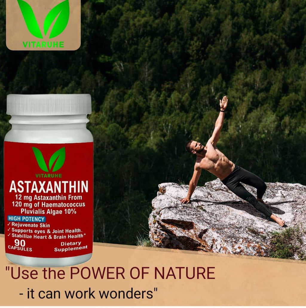 VITARUHEÂ® Astaxanthin Supplement High Dose & Vegan, 12 mg Natural Astaxanthin Powder from Blood Rain Algae, 90 Capsules for 3 Months, No Additives