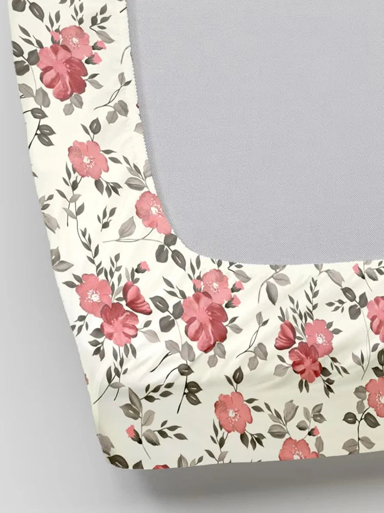 Trance Home Linen 180TC 100% Cotton 78"x72" Standard King Size Elastic Fitted Bedsheet Printed King Bed Size with 2 Pillow Covers Colour Blooms Coral