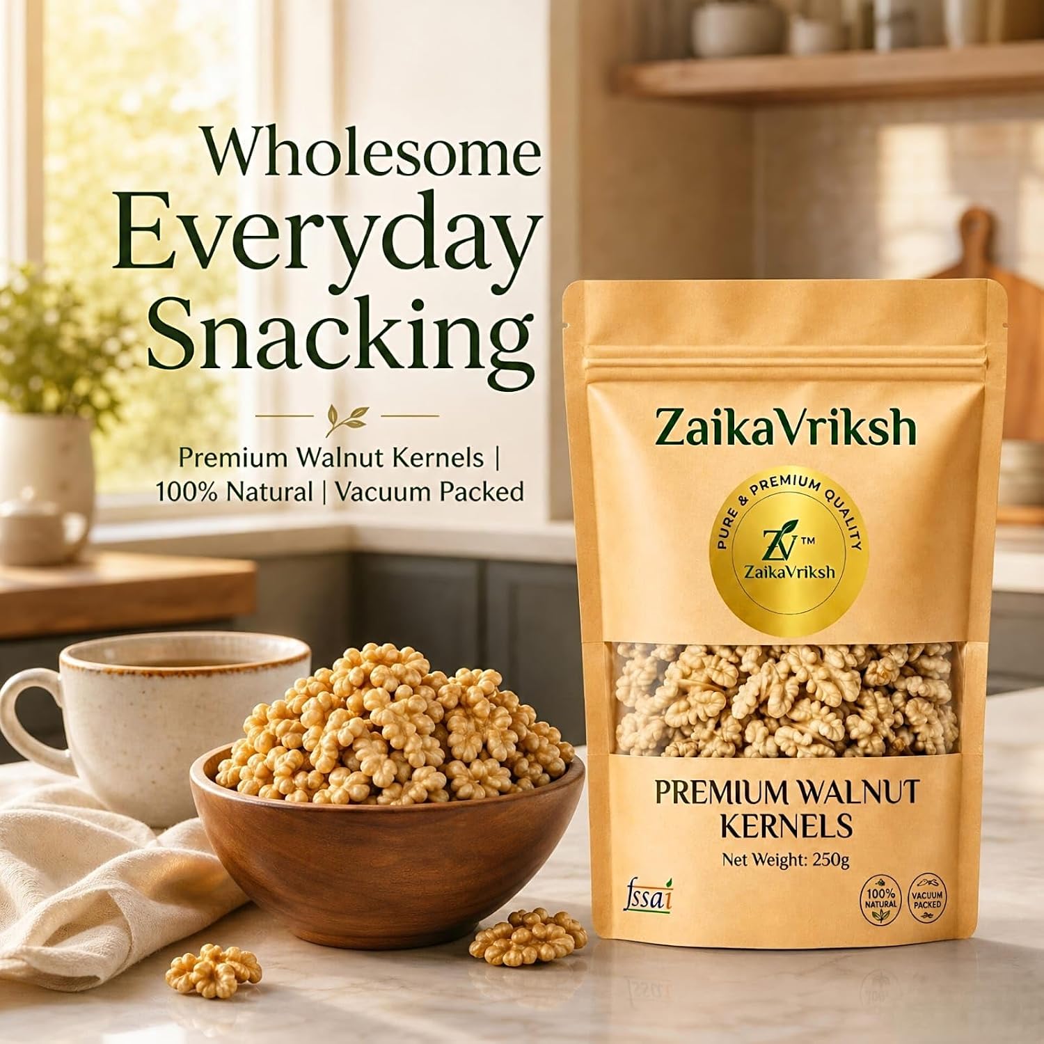 ZaikaVriksh Premium White Chile Walnut Halves 250g | Large Size Akhrot Giri | Extra Light Walnut Kernels | Vacuum Packed | Rich in Omega 3, Protein & Fiber | Healthy Dry Fruits