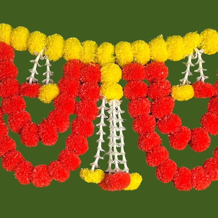 Handcrafted Decorative Bandanwar with Yellow & Red Marigold Flowers and Tuberose Strings 40x32 Inches