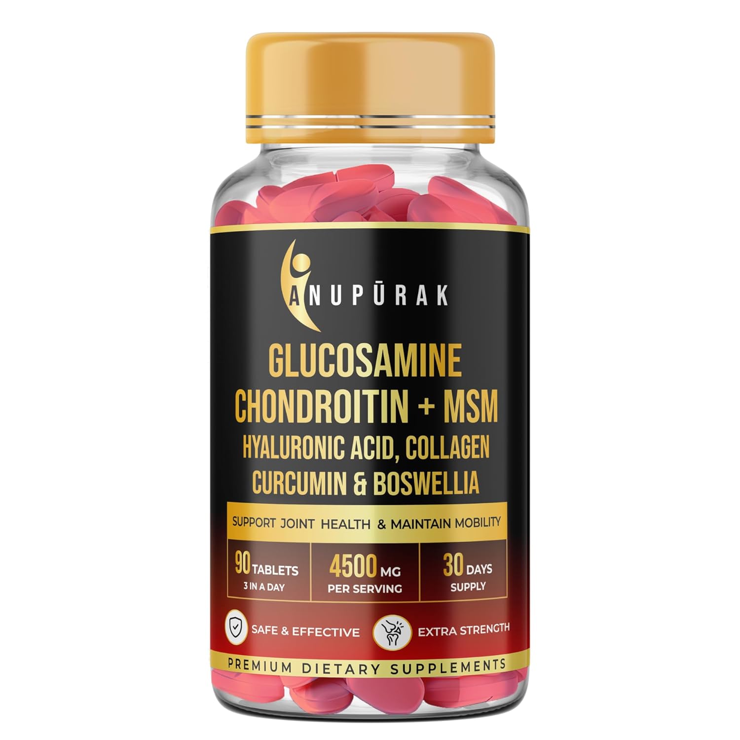 ANUPURAK Glucosamine Chondroitin MSM Tablets | 4500mg | 11 Actives Joint Support Supplement : Collagen Type II, Hyaluronic Acid & Boswellia | Knee Mobility, Cartilage & Joint Health | 90 Tablets (30 Days)