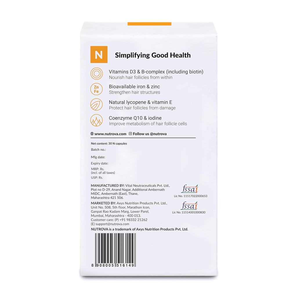 NUTROVA Kerastrength For Men & Women (30 Capsules) With Biotin - Prevents Hair-Fall,Strengthens & Grows Hair With Vitamins A,C,D3,B-Complex,Lycopene Inhibits Hair-Fall Hormone Dht,1 Count