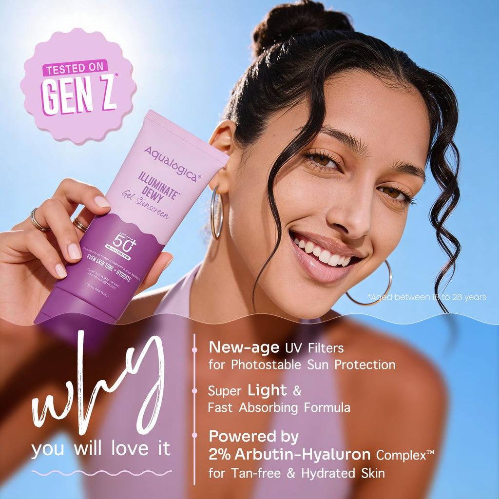 Aqualogica Illuminate+ Dewy Gel Sunscreen SPF 50+ PA++++, 80g | 2% Arbutin-Hyaluron Complex & Wild Berries | Broad Spectrum UVA/UVB & Blue Light Protection | Fragrance-Free | No White Cast | Lightweight | For Men & Women