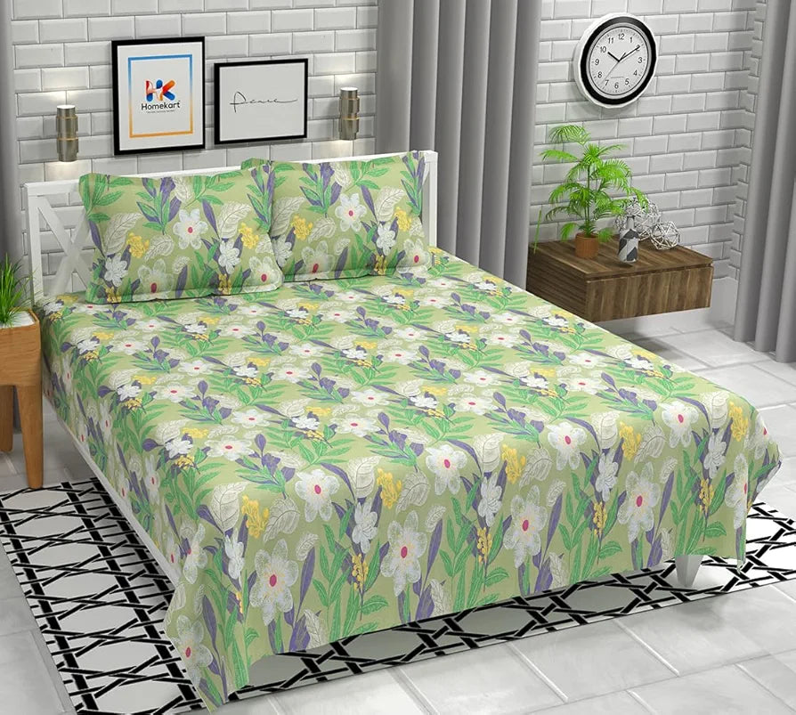 HomeKart Floral 180 Tc Ultra Super Soft Cotton Feel Microfiber Double Bedsheet with Two Pillow Covers for Your Bedroom Green