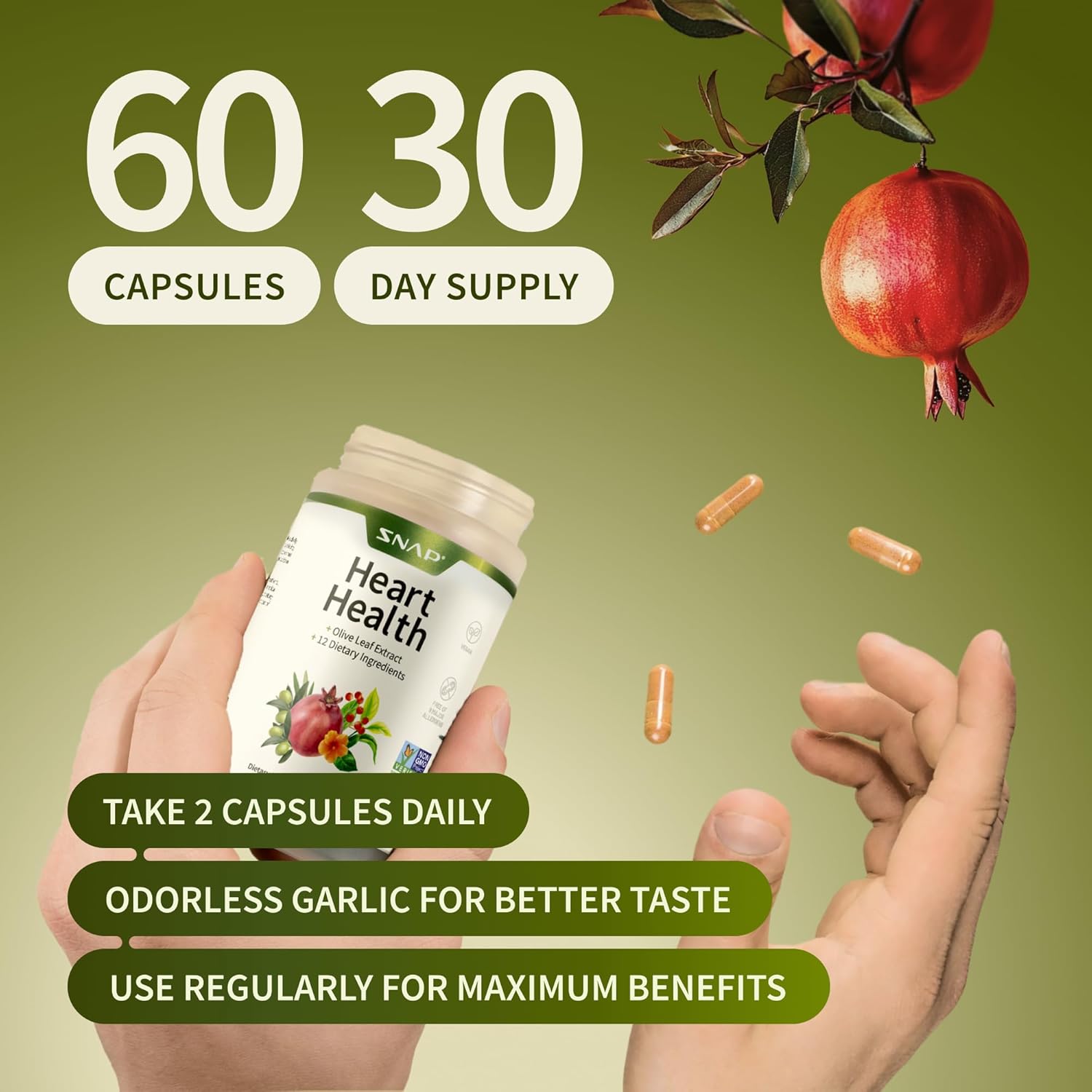 Snap Supplements Heart Health Support Supplement - Botanical Support for Heart Health, Healthy Circulation, and Nitric Oxide Levels, 30-Day Supply, 90 Capsules (Packaging May Vary)