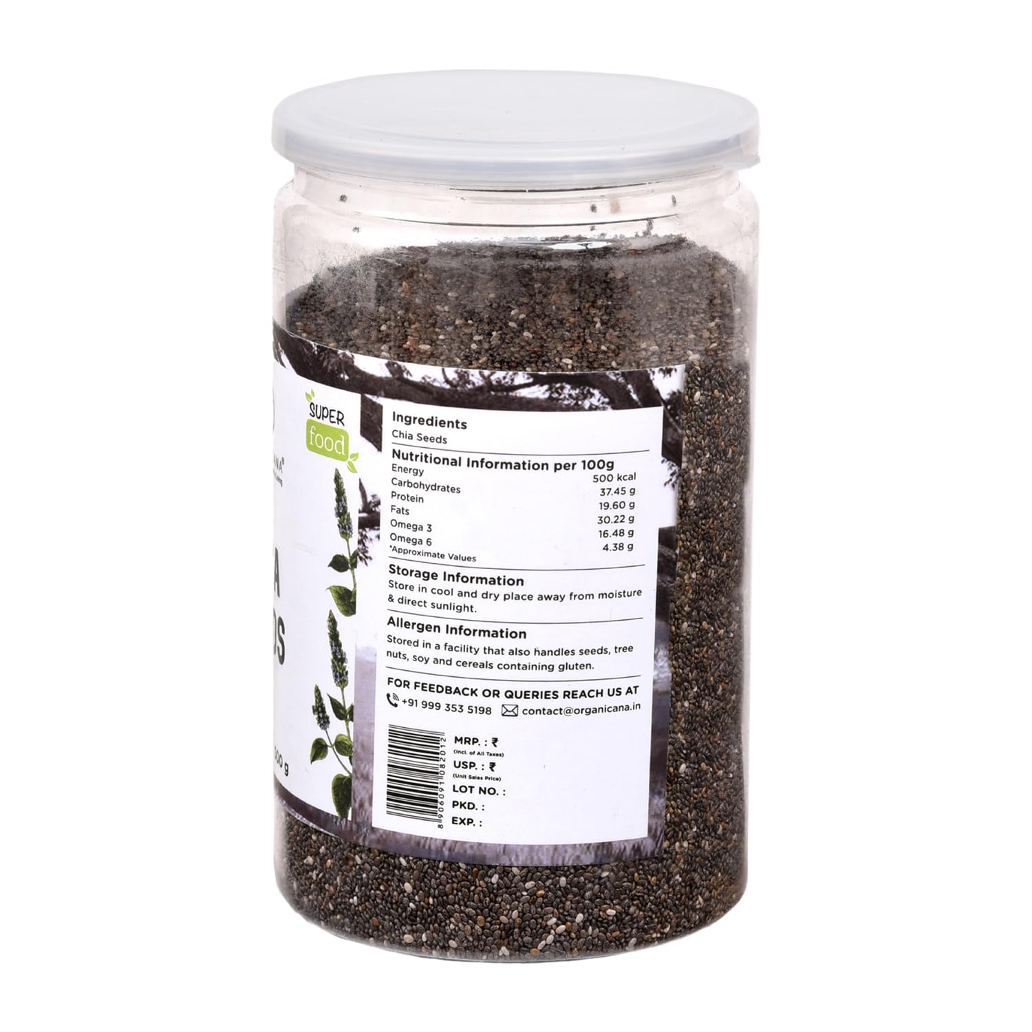 Organicana Chia Seeds - 500g (Pack of 1) 100% Natural & Unpolished Superfood | Rich in Omega-3, Fiber & Protein | Supports Weight Loss, Digestion & Energy