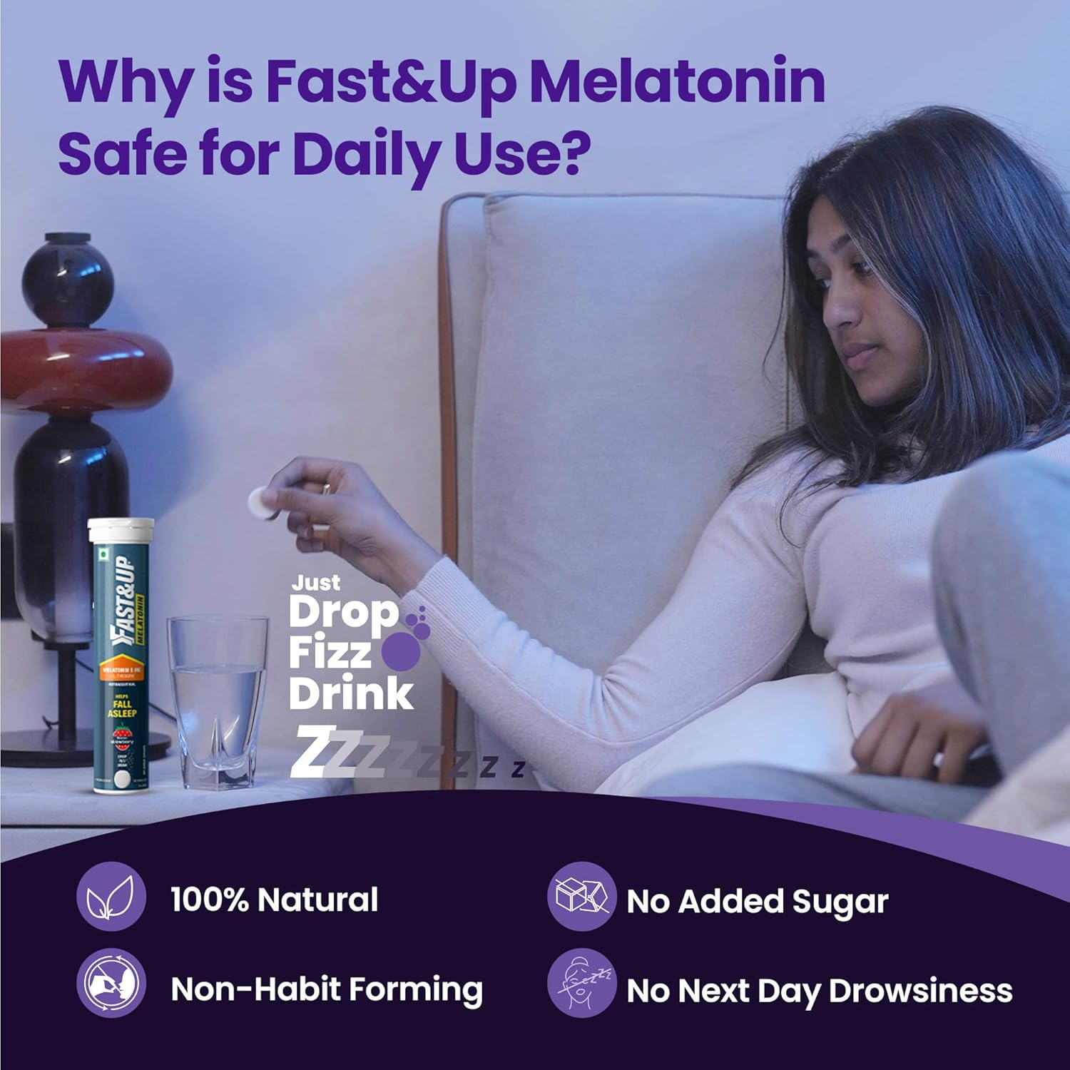 Fast&Up Melatonin with 5 mg Melatonin + 100 mg L-Theanine (20 Effervescent tablets) | Helps fall asleep faster & Wake up refreshed | Fast Acting, 100% Natural, Non-Addictive - Strawberry flavour