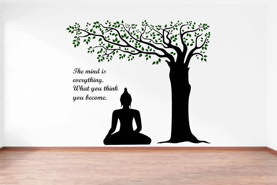 Rawpockets Decals Lord Buddha Under Tree and Quote on Mind Extra Large Size Wall Sticker