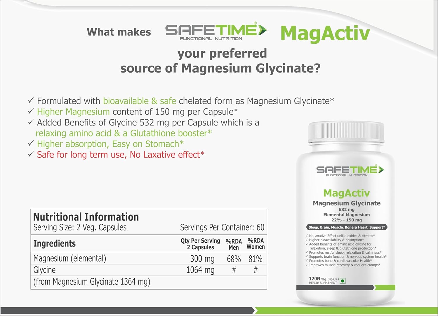 MagActiv MAGNESIUM GLYCINATE (Elemental Magnesium 150 mg per Capsule) Chelated, Bioavailable & Safe Sleep, Bone, Muscle, Heart Health (120 Veg. Capsules)