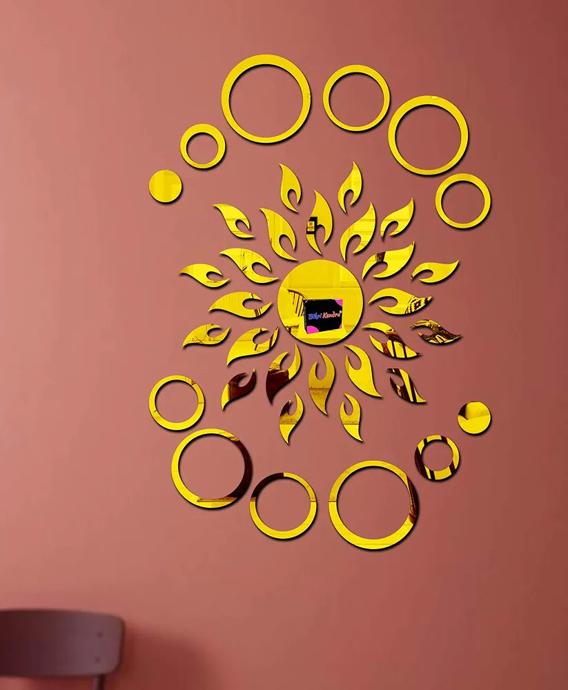 Bikri Kendra Sun with Rings 12-3D Acrylic Mirror Wall Stickers Premium Collection Golden