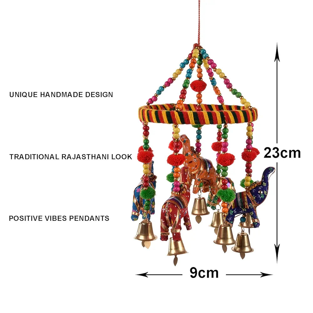 Kuber Industries Rajasthani Traditional Windchimes Hanging Ring Elephant with Bells