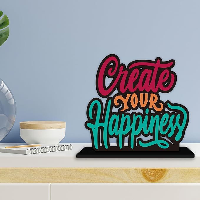 Artvibes Wooden Idols and Figurine Create Your Happiness Quotes Table Decoration for Office Desk | Home Decor Item