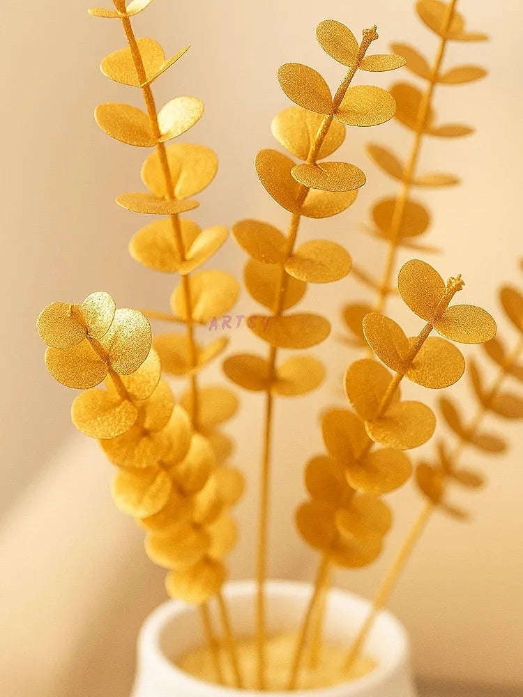 Plastic Artificial Flowers For Decoration Flower Bunch Long Size Eucalyptus Gingko Stick Stem Golden 85 Cm Height