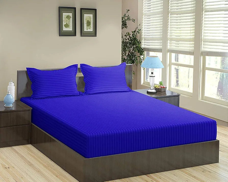 Trance Home Linen 100% Cotton 78x60 inch Queen Fitted 200TC Satin Stripe Elastic Fitted Bedsheet with 2 Pillow Covers Colour Ink Blue
