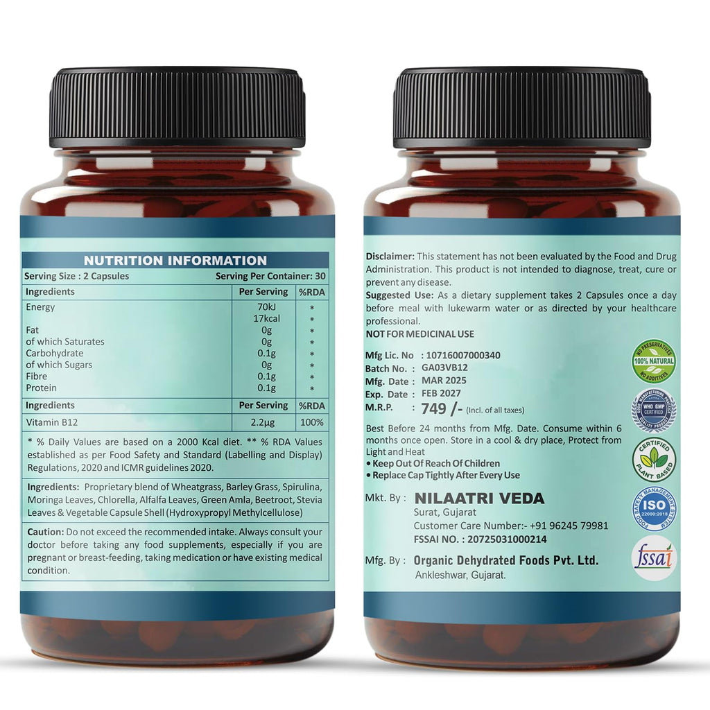 Plant Based Vitamin B12 Supplement, 60 Vegetarian Capsules, Energy and Immunity Booster