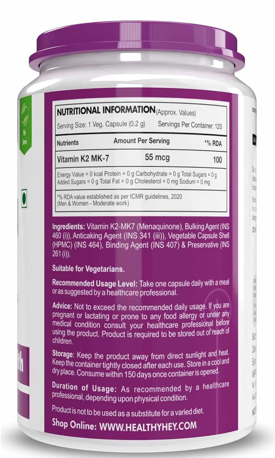 HealthyHey Nutrition Vitamin K2 | 100% Vegetarian Vitamin K2 Benefits in Bone Health - 55mcg - 120 Vitamin K27 Capsules