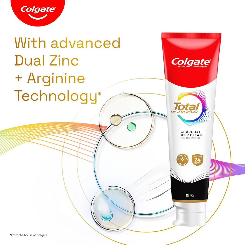 Colgate Total 150Gm Charcoal Deep Clean Antibacterial Toothpaste, Stronger 12-Hour Anti-Germ Protection, Whole Mouth Health, World'S No.1* Germ-Fighting Toothpaste (Combo Pack Offer, Soft Toothbrush)