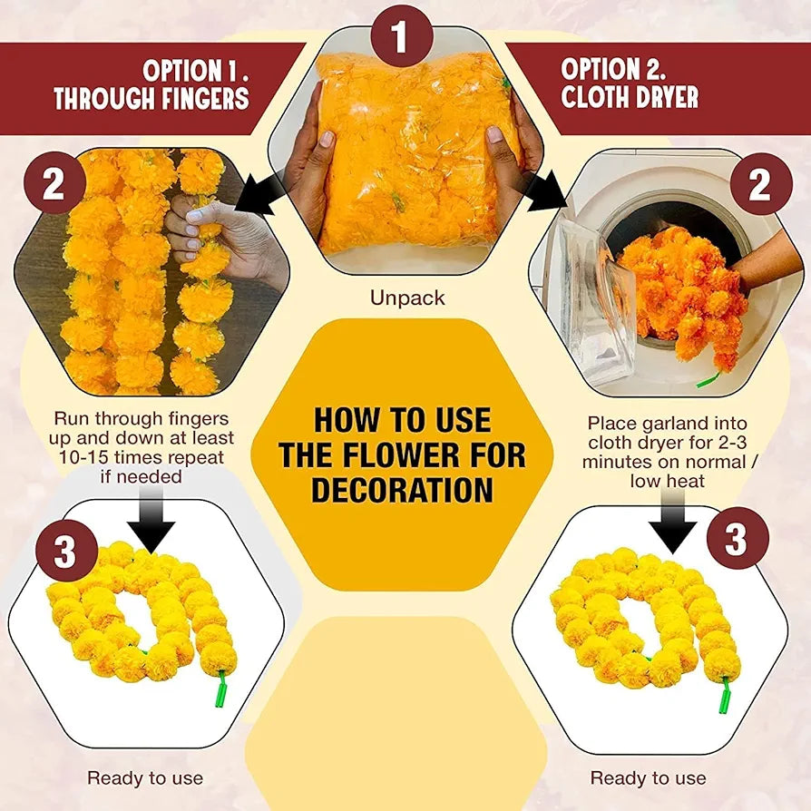 Artificial Marigold Garlands Pack of 15 Yellow Orange & Multi