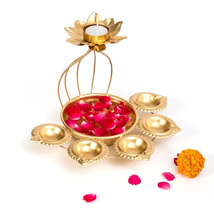 Metal Lotus Tealight Candle Holder with Base of Urli Bowl and Diya Gold