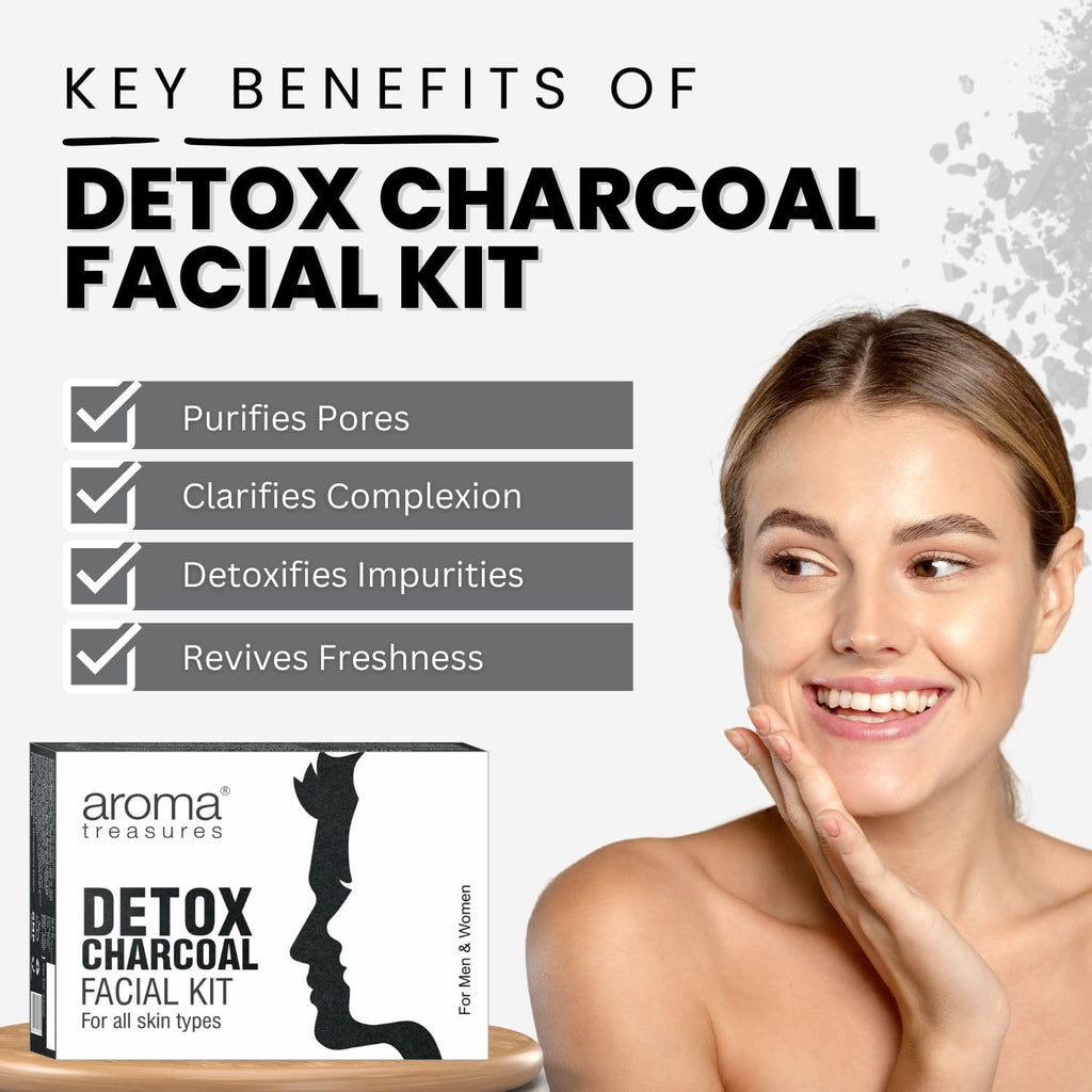 Aroma Treasures Detox Charcoal Facial Kit | Deep Pore Purifying 6-Step Home Facial | Removes Impurities, Excess Oil & Tan | Brightening, Clarifying & Instant Glow Facial for All Skin Types – 43g/ml