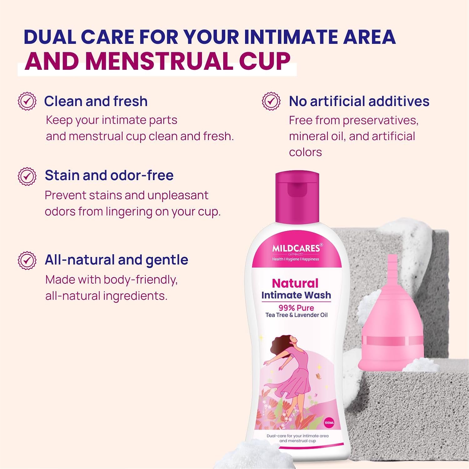 MildCares Natural Intimate Wash For Women (100ML) | With Tea Tree & Lavender Oil | Menstrual Cup Cleanser | For Itching, Irritation & Dryness | Natural, pH Balanced & hypoallergenic