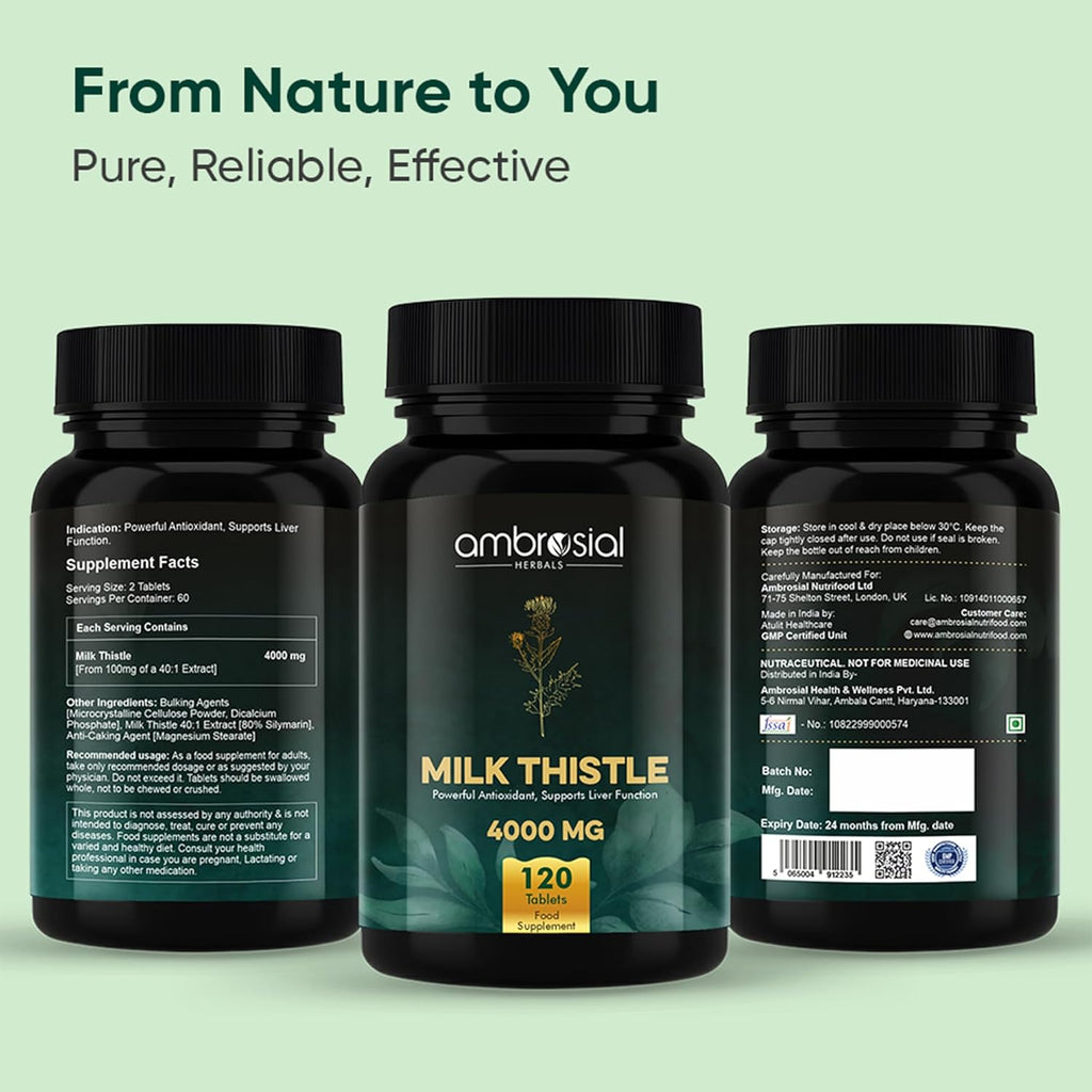 Ambrosial Milk Thistle 4000 mg | High Strength Liver Support Antioxidant | Liver Detox Supplement (Pack of 1-120 Tablets)