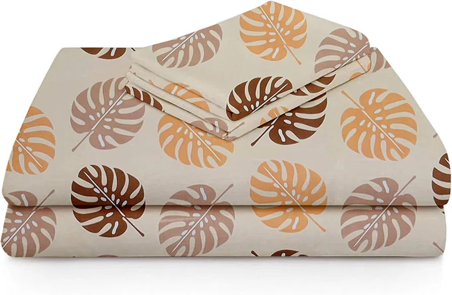 Homekart Premium Cotton Elastic Fitted Bedsheets with 2 King Size Pillow Covers Double Bed Leaf Print Beige and Brown 200 tc - 220 tc