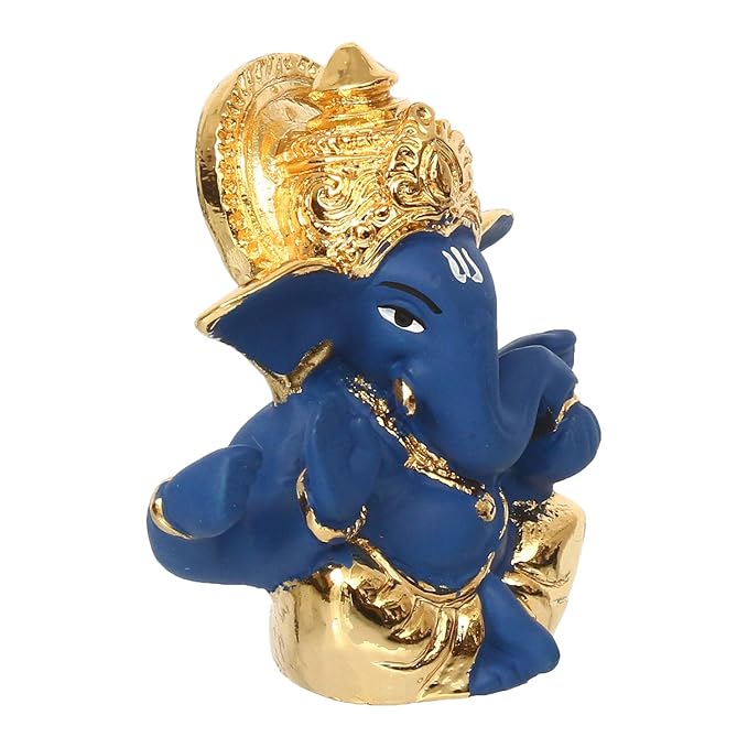 Ecraftindia Gold Plated Blue Mukut Ganesha Decorative Showpiece for Home/ Temple/ Office/ Car Dashboard