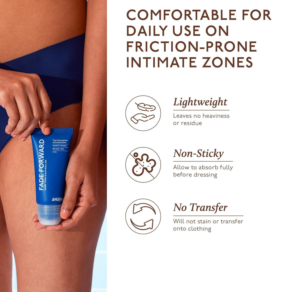 Asaya Fade Forward Inner Thigh & Bum AHA Roll-On | Pigmentation Removal Serum For Dark Inner Thighs & Buttocks | For Women & Men | Non-Sticky & Soothing | MelaMeâ„¢ Complex, 10% AHAs & PHA, Inulin | 70ml